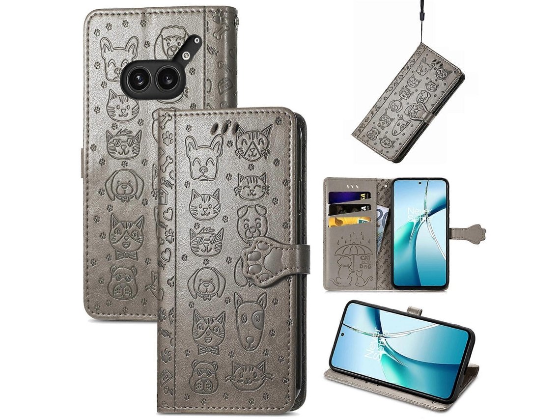 Capa De Couro Com Relevo De Gato E Cachorro Para Celular Nothing Phone 2a Plus