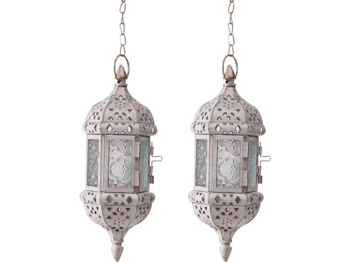 2 Peças De Lâmpada De Velas Pendente Retro Marroquina Portavelas Metal E Vidro Hollow