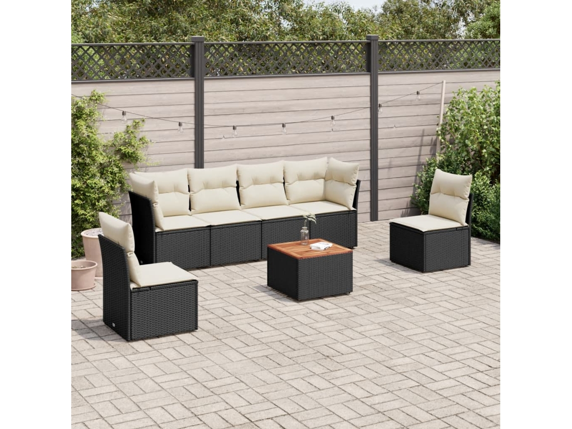 7 Pcs Conjunto De Sofás P/ Jardim C/ Almofadões Vime Pe Preto Dkd Home Decor