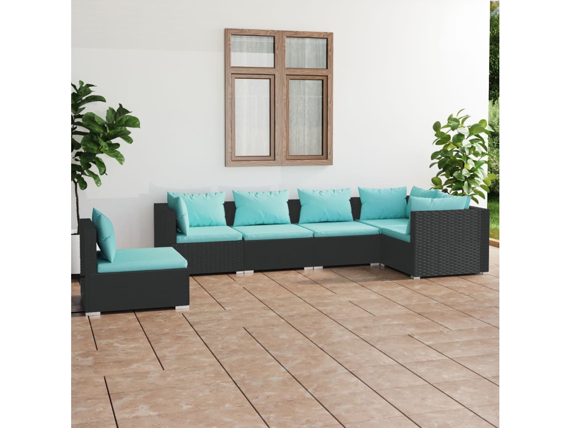 Vidaxl 6 Pcs Conjunto Lounge De Jardim C/ Almofadões Vime Pe Preto