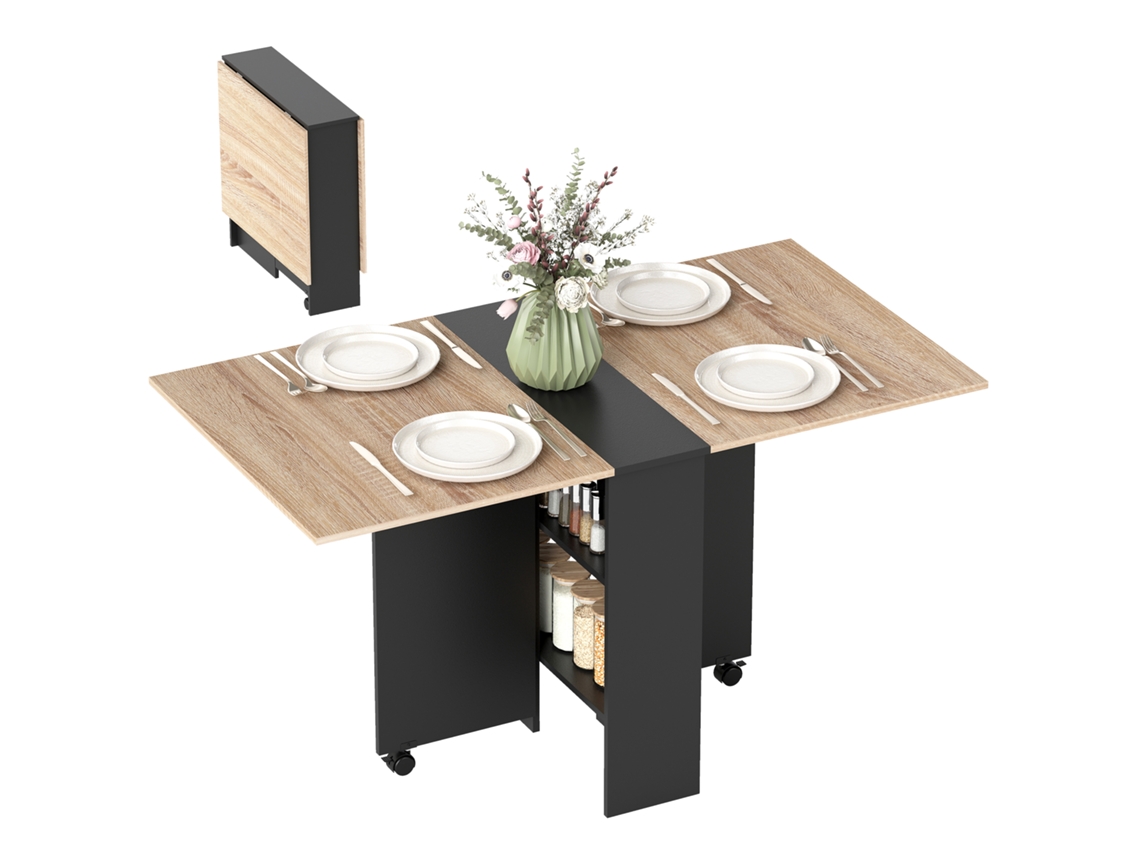 Mesa De Natural Cozinha Dobrável Com Rodas, 2 Prateleiras Armazenamento E Asas Dobráveis, Estilo Moderno 75x140x74 Cm