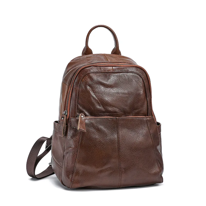 (9067-café) Mochila Feminina De Couro Genuíno, Mochila De Viagem Multifuncional De Luxo