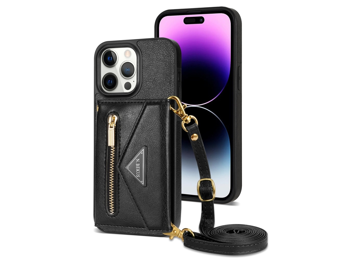 Capa Para Iphone 15plus Preta Com Adesivo Lateral E Zíper Para Carteira, Tiracolo, Couro