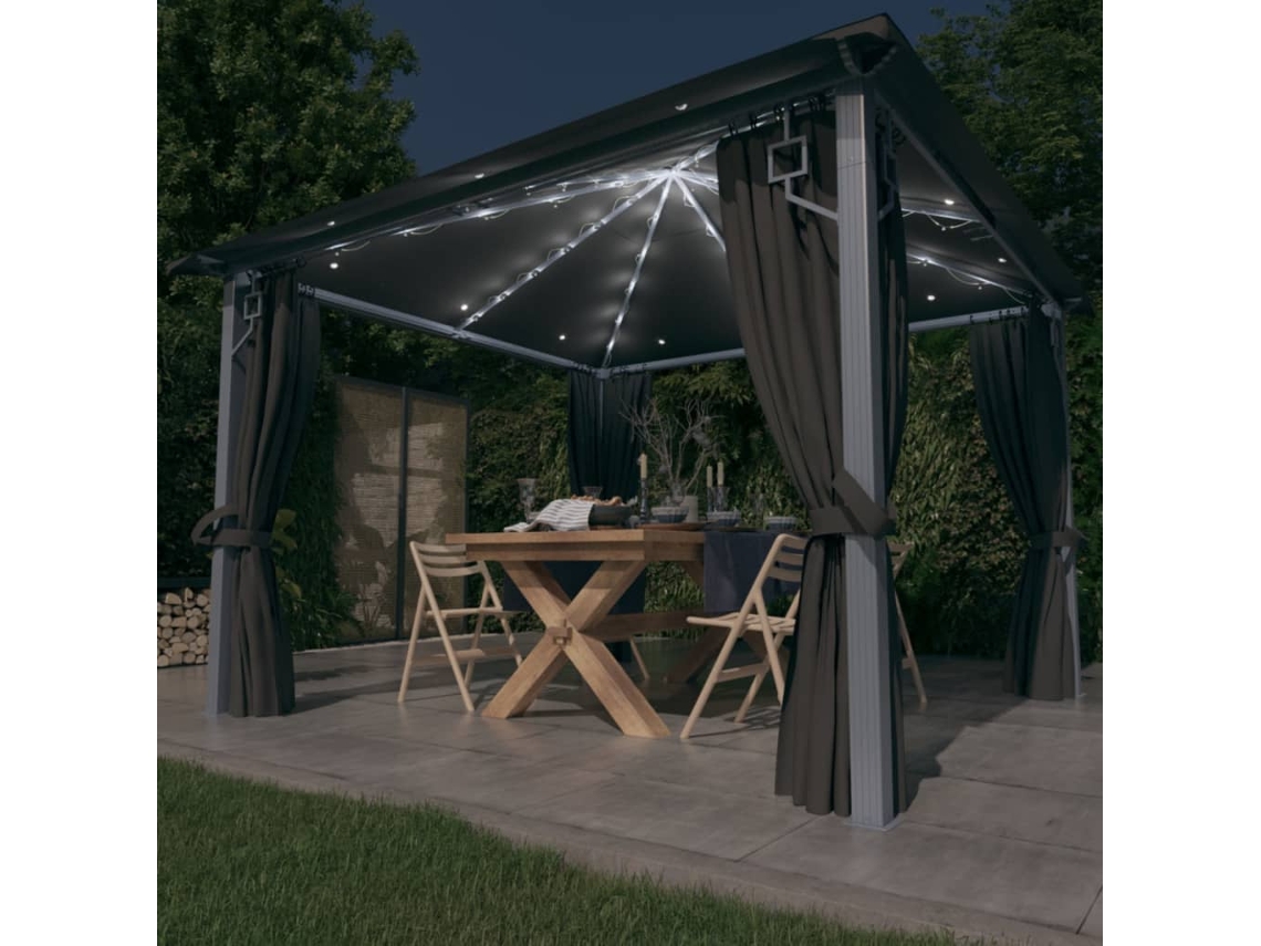 Vidaxl Gazebo C/ Cortinas E Cordões Luzes Led 3x3 M Alumínio Antracite