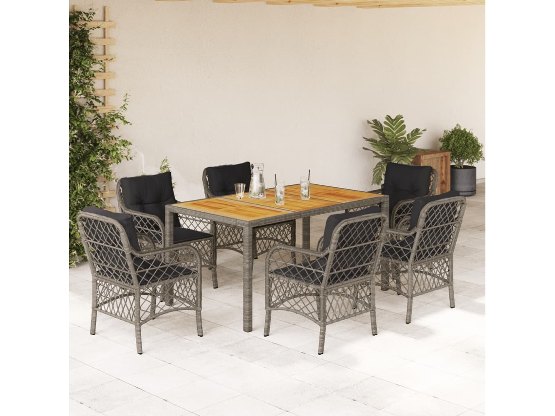 Vidaxl 7 Pcs Conjunto De Jantar P/ Jardim C/ Almofadões Vime Pe Cinza