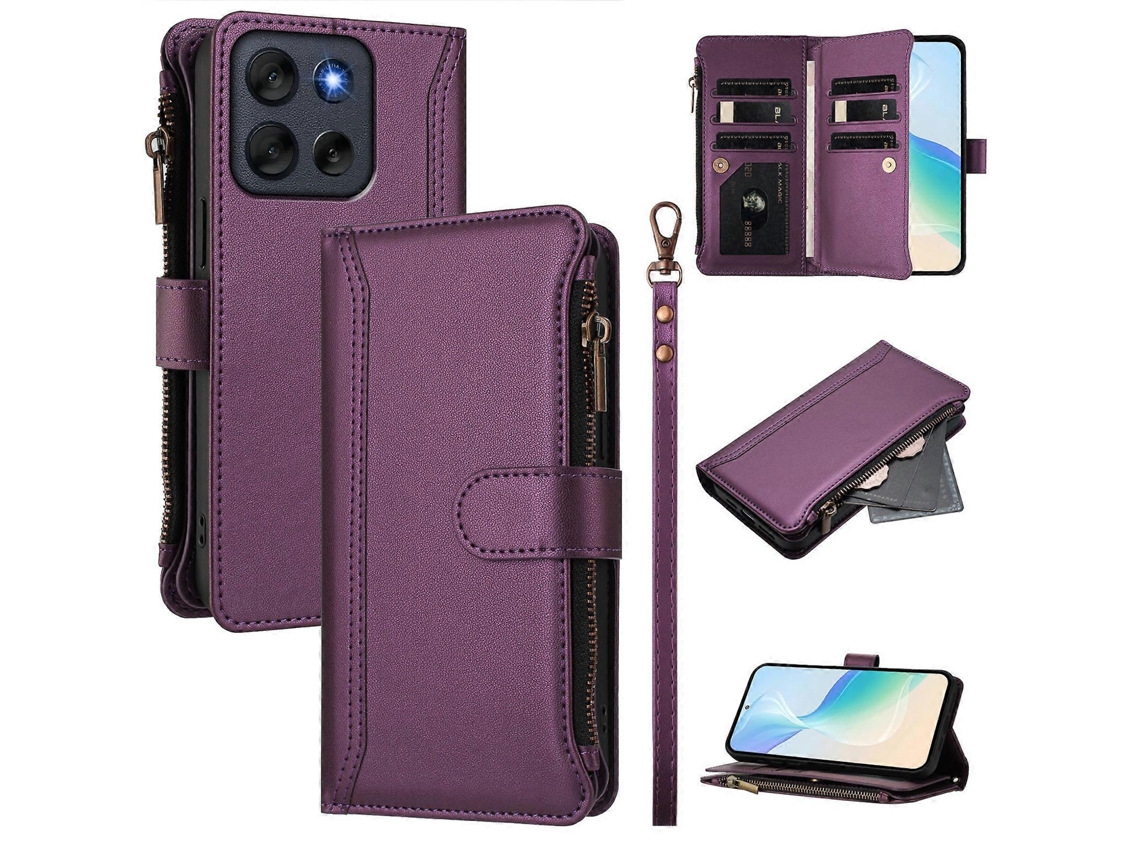 Capa De Couro Com 9 Compartimentos Para Cartões E Suporte Tipo Carteira Com Zíper Para Motorola Moto G56 5g, Roxa