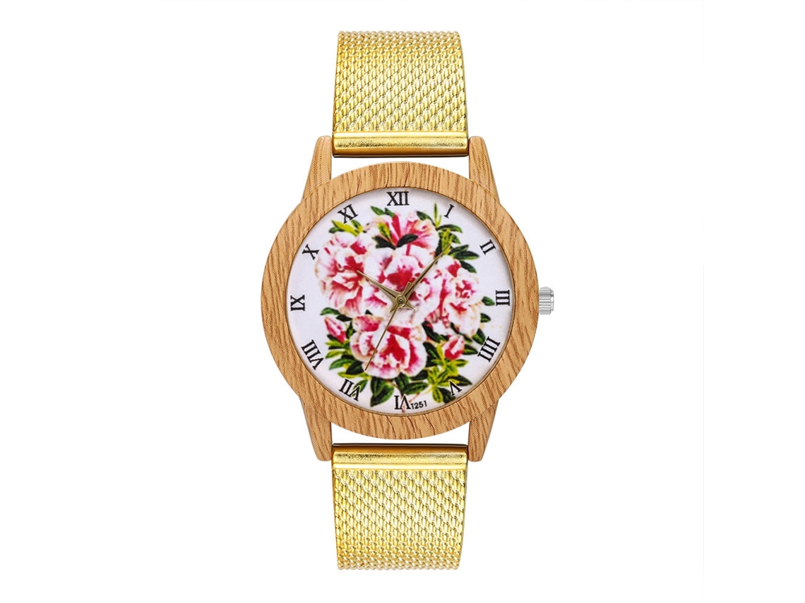 Reloj De Cuarzo Unisex Con Correa De Malla Y Patrón Floral Oro Zhoulianfa