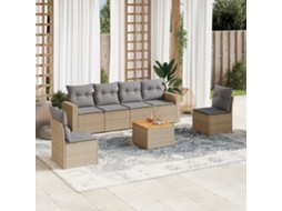 Vidaxl 7 Pcs Conj. Sofás Jardim C/ Almofadões Vime Pe Bege Misturado