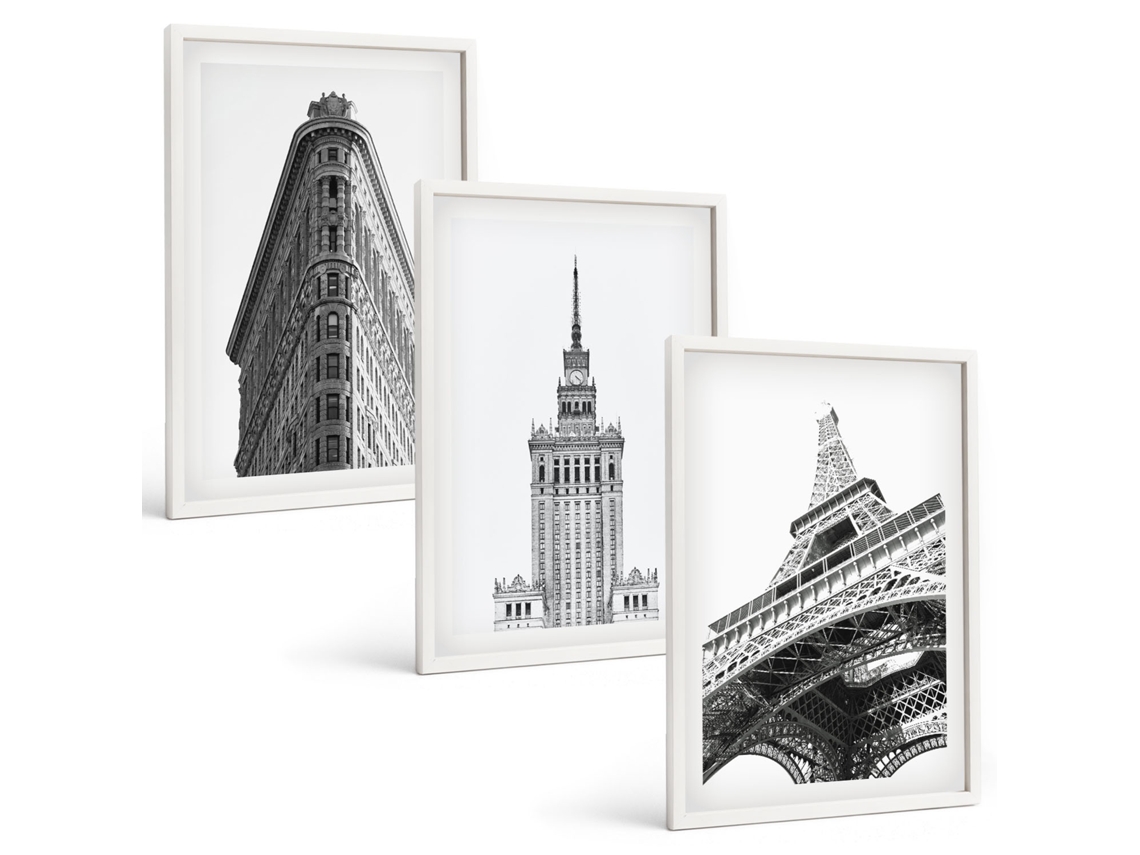 Galeria De Pinturas Murais Edifícios Arquitetônicos Em Preto E Branco Moldura Branca Imagens Para Um Quarto Infantil Espelharte (3 Piezas De 40x60 Cm)