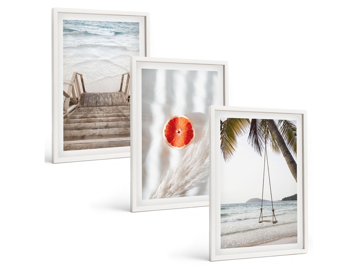 Composição De Quadros Na Parede Férias Em Escada De Madeira Na Praia Moldura Branca Fotos Para O Escritório Espelharte (3 Piezas De 40x60 Cm)