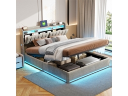 Cama Estofada 140x190cm Veludo Cinza com Led, Armazenamento BURSDANY