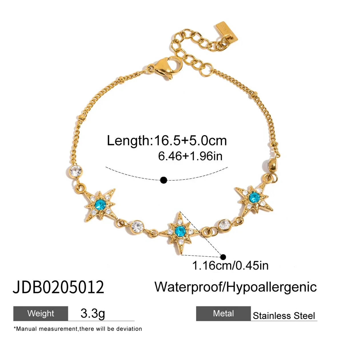 Pulseira Com Design De Estrela E Lua Em Zircônia Azul, Banhada A Ouro, À Prova D'água, Estilo Resort.