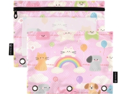 Pasta De Escritório Artoon Com Estampa Gato E Cachorro Rosa, Janela Transparente, Tamanho Grande, Fechamento Com Zíper