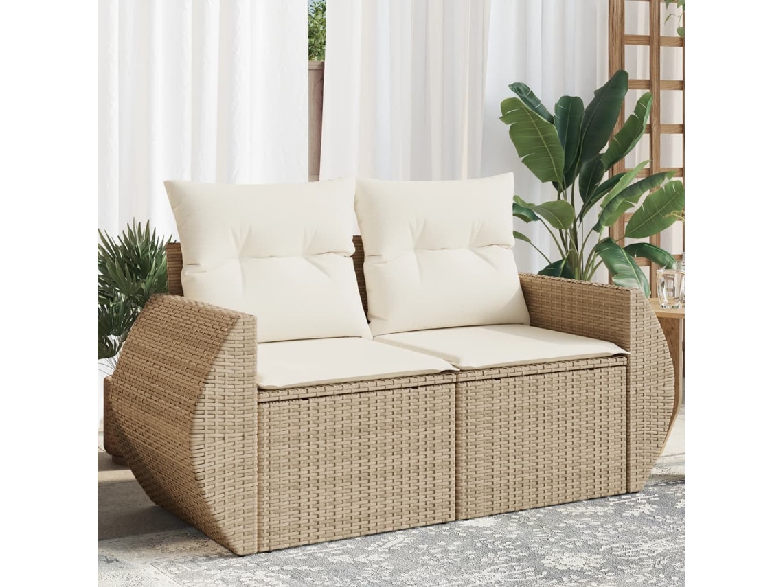 Sofá De Jardim De 2 Lugares Com Almofadões Vime Pe Bege Dkd Home Decor