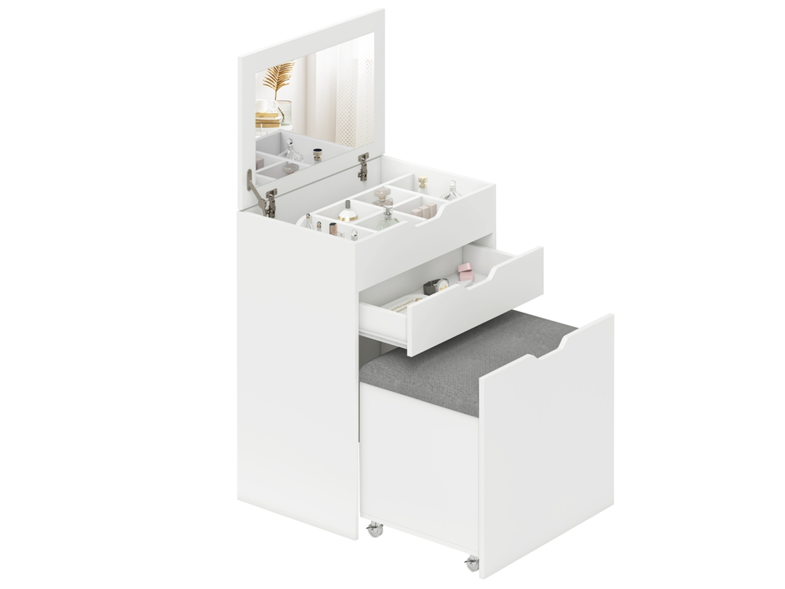 Toucador com Banco Oculto, Espelho Rebatível, Gaveta e 7 Compartimentos Branco FLUISHINE