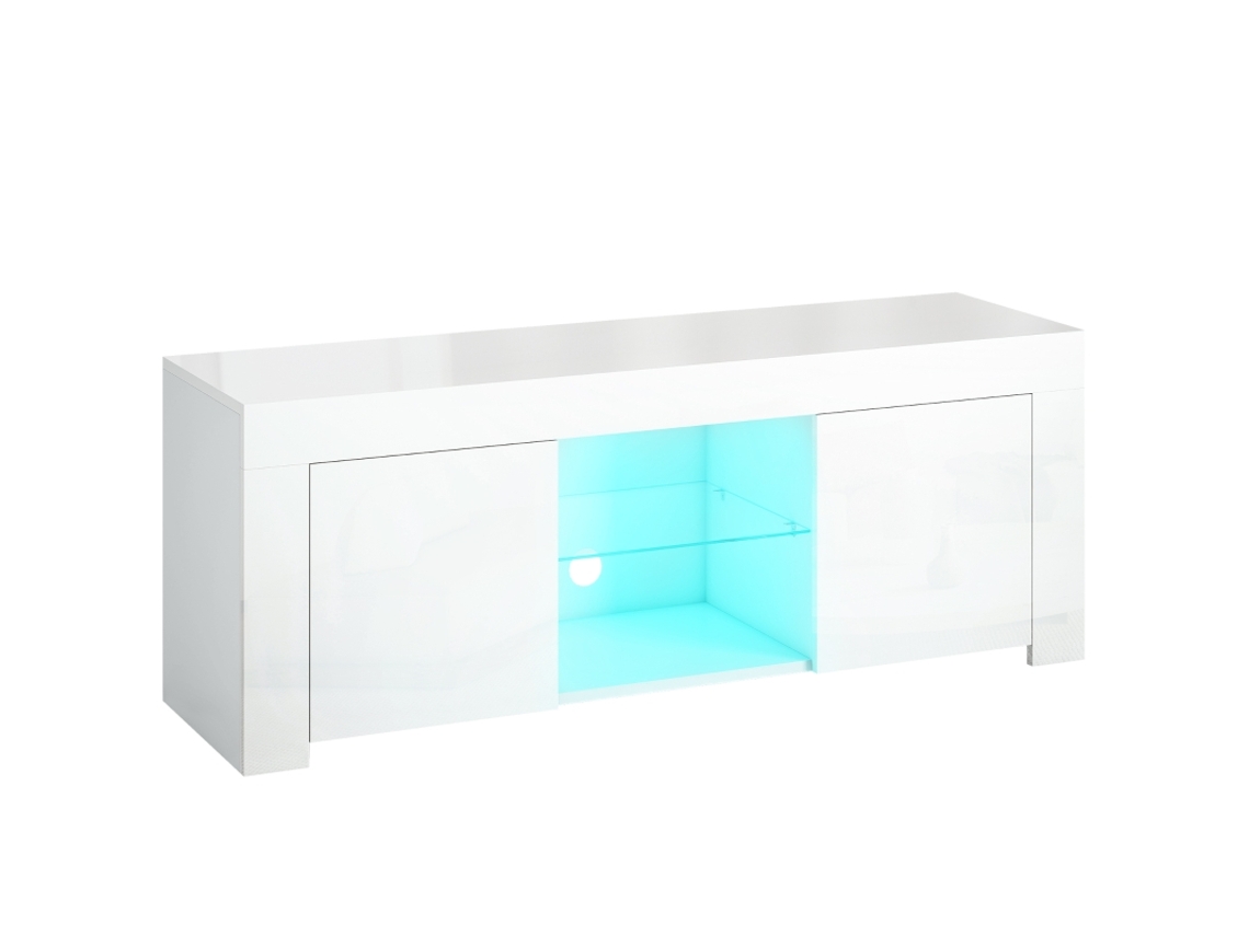 Armário Para Tv Com Iluminação Led, 2 Portas, Prateleira De Vidro, Furos Para Cabos, Para Sala De Estar, Aglomerado, Branco.