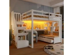 Cama Alta com Escrivaninha e Prateleiras 140x200 Cm, 2 Gavetas, Madeira Branca VSOGA