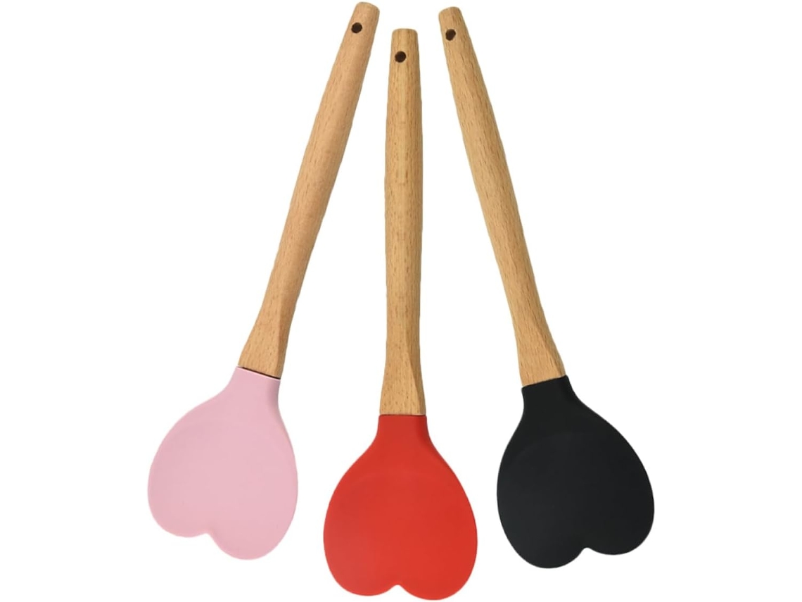 Espátula De Silicone Em Formato Coração, Própria Para Alimentos Conjunto 3 Colheres Madeira Com E