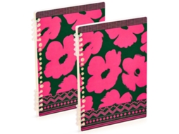Conjunto de 2 Cadernos Espiral, Tamanho A5, Verde Escuro e Rosa Claro, com Estampas Tribais, 21,1 X 14,5 Cm, e