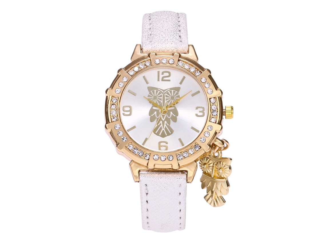 Relógio de Pulso Feminino com Pingente de Coruja e Strass Pulseira de Couro Pu Branco