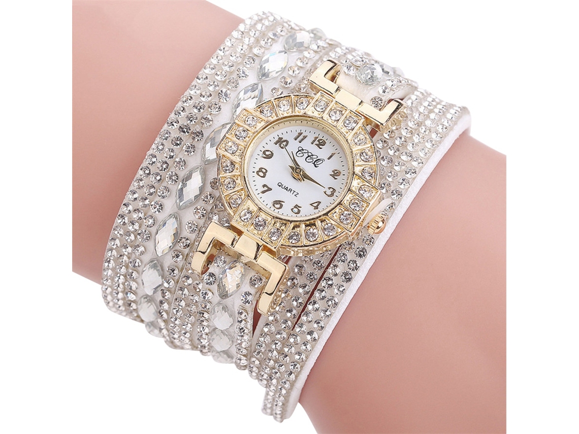 Relógio de Pulso Feminino de Quartzo com Strass Multicamada Pulseira de Veludo Branco