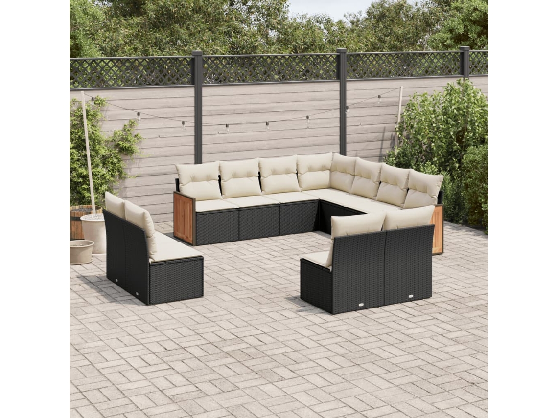 Jogo de Sofá Jardim 11 Peças C/ Almofadões Vime Pe Preto Dkd Home Decor