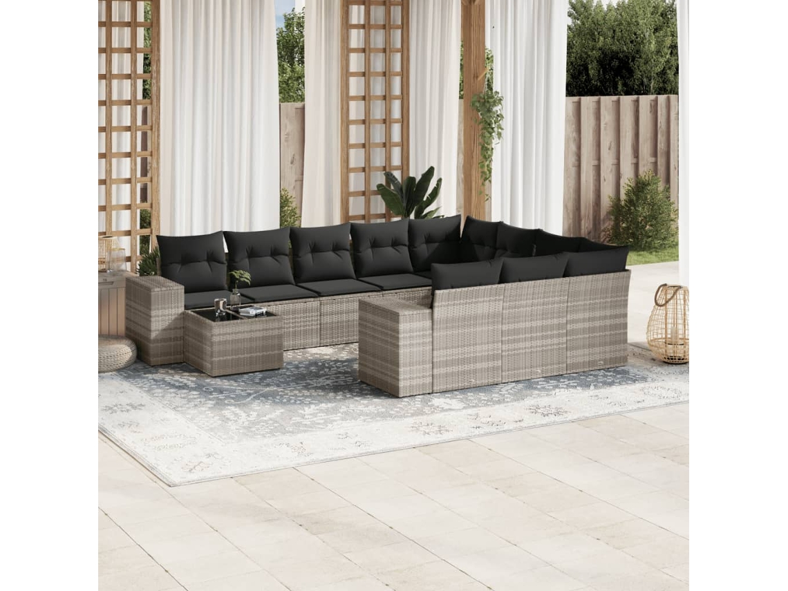 Vidaxl 11 Pcs Conjunto Sofás De Jardim C/ Almofadões Vime Pe Cinzento