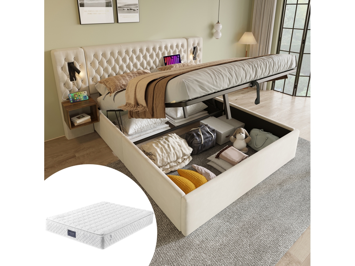 Conjunto Quarto Bege 160x200cm, Cama Estofada, Hidráulica, 2 Mesas, Usb (c/ Colchão).-op