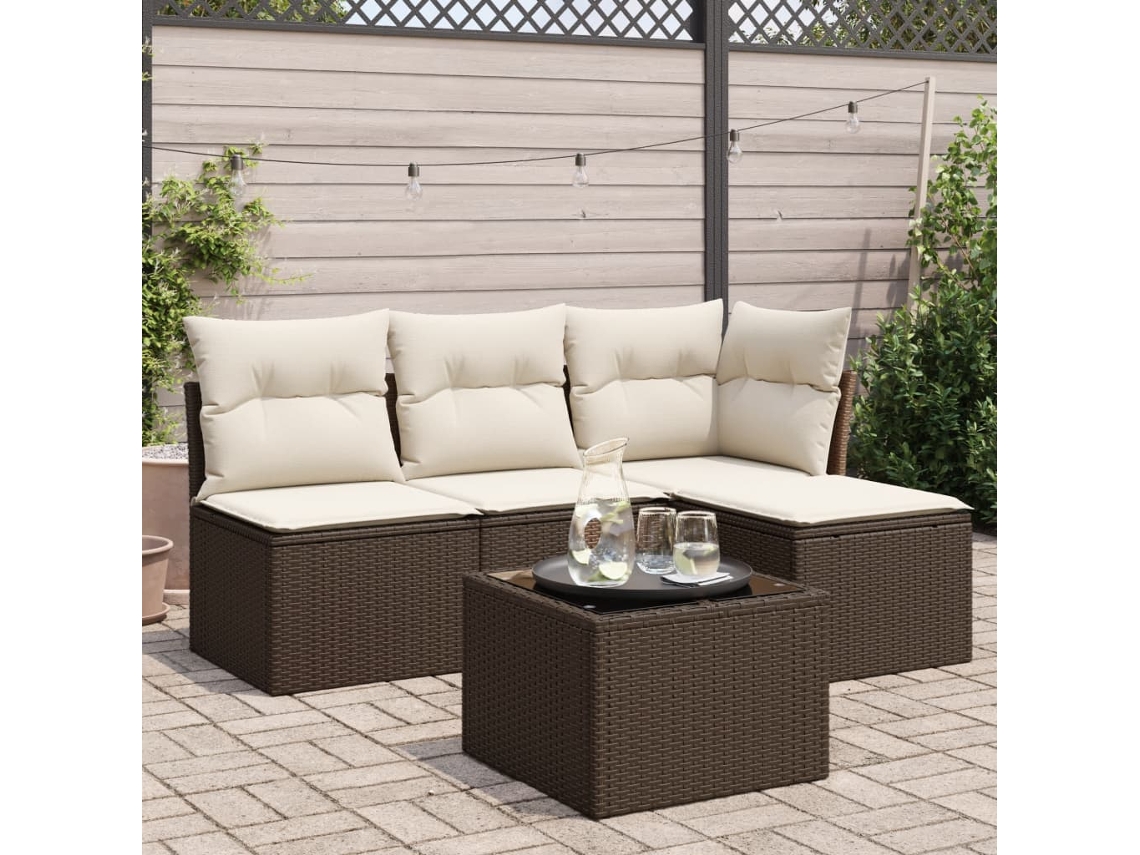 Vidaxl 5 Pcs Conjunto Sofás P/ Jardim C/ Almofadões Vime Pe Castanho