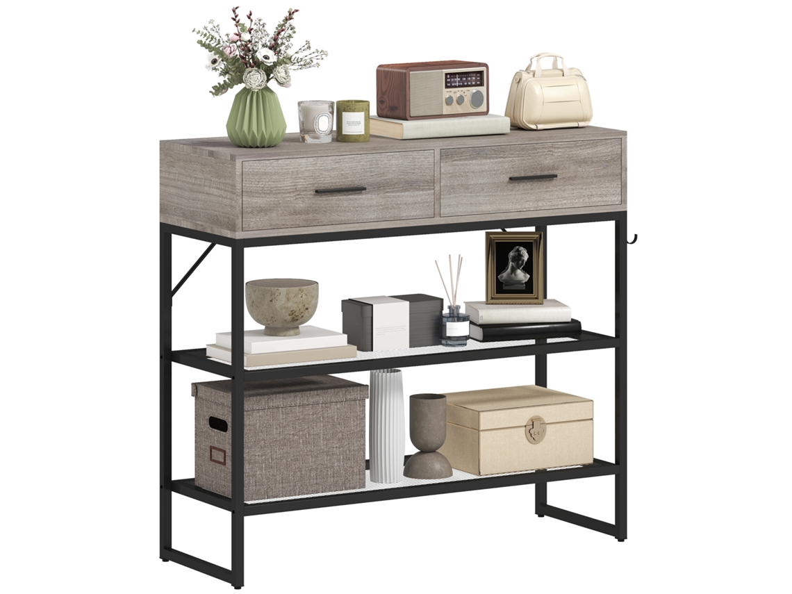 Console de corredor com 2 gavetas, 2 prateleiras, malha, gancho lateral, madeira e metal, 100x35x92cm cinza | S/MARCA