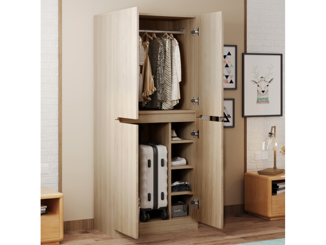 Guarda Roupa 70 × 40 × 170 Cm, Com Duas Portas E Pequeno Compartimento De Arrumação, Cor Madeira. Sini Tech Store