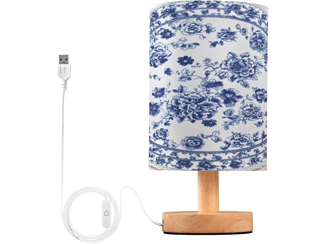 Abajur De Cabeceira Led Em Porcelana Azul E Branca Para Quarto, Com Cúpula De Tecido, Base De Madeira E Porta Usb, Ideal