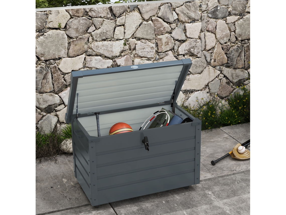 Cofre De Aço Galvanizado Para Bagagem Externa, Cinza Escuro, 100x62x65 Cm, Com 4 Rodas, Duas Alças E Tampa Com Trava De Segurança