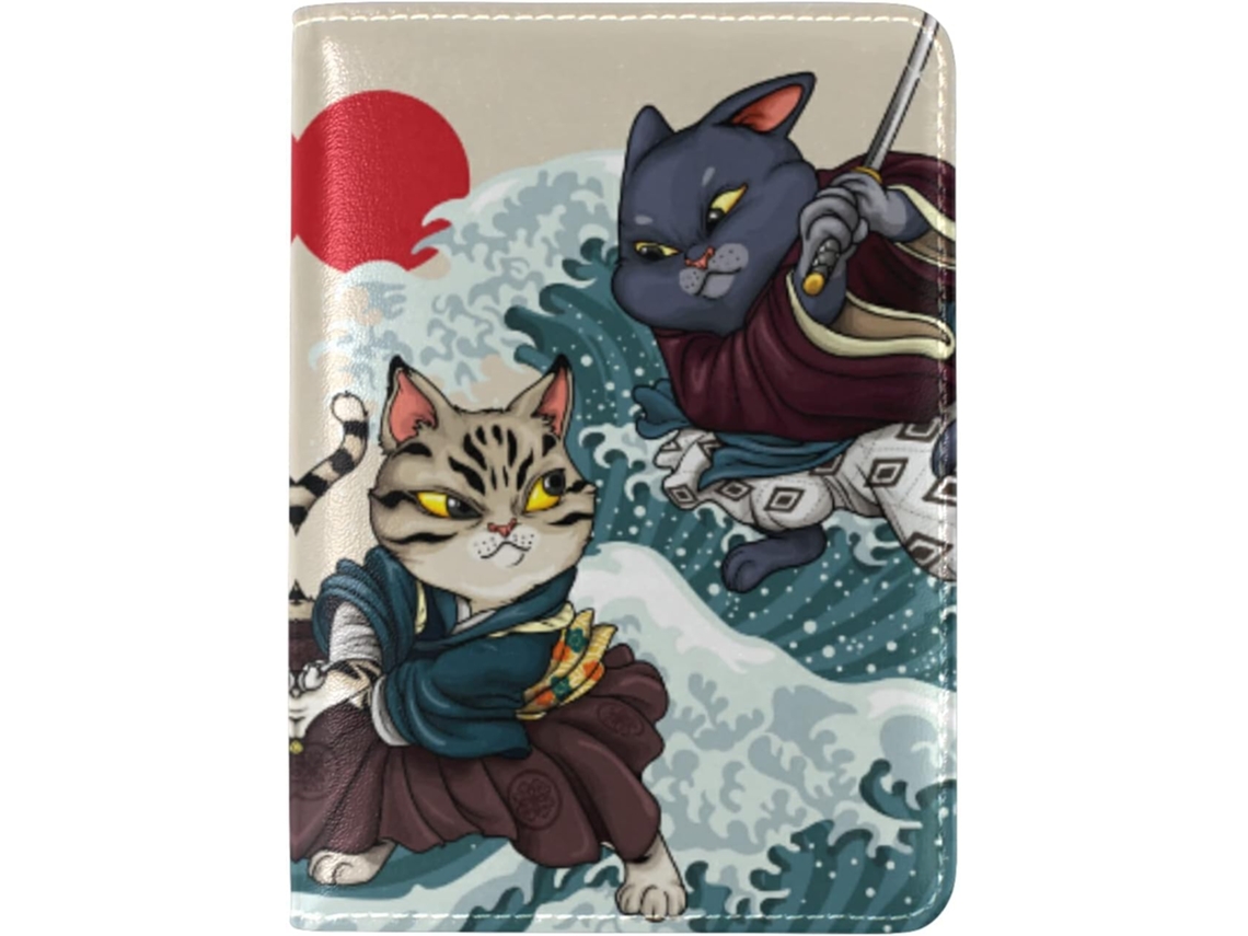 Porta Passaporte Japonês em Couro Genuíno com Estampa de Gatinho Leve