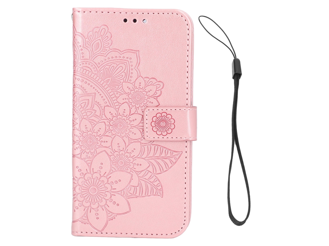 Capacarteira Para Iphone 13 Dourado Rosa Com Slot Cartões Suporte Em Couro Pu Flor Gravada Proteção Flip