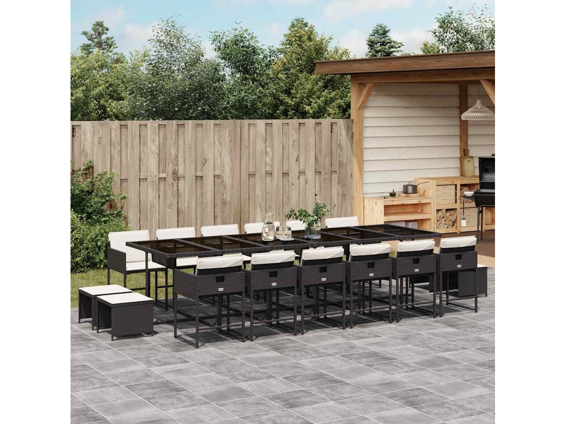 Vidaxl 17 Pcs Conjunto de Jantar P/ Jardim C/ Almofadões Vime Pe Preto
