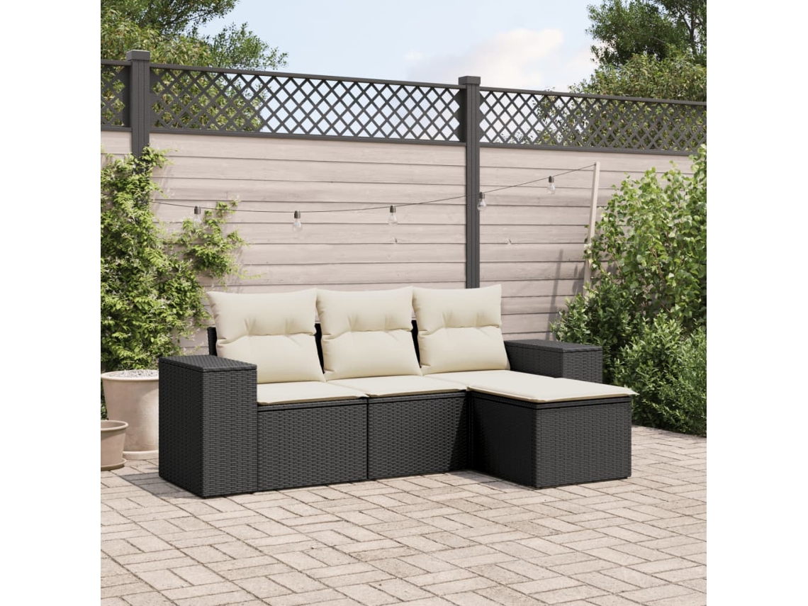4 Pcs Conjunto De Sofá Para Jardim C/ Almofadões Vime Pe Preto Dkd Home Decor