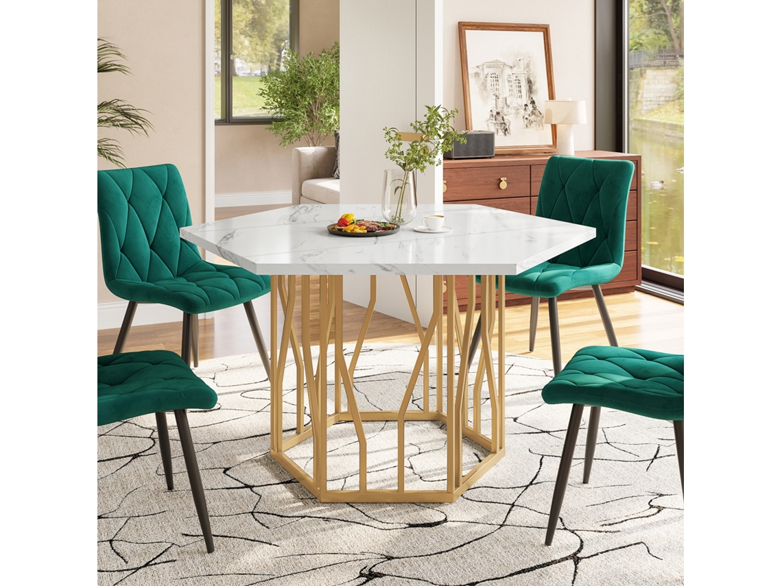 Mesa Hexagonal Imitação Mármore Estrutura Metálica Design Simples Elegante Sala Sala De Jantar Cor Dourada