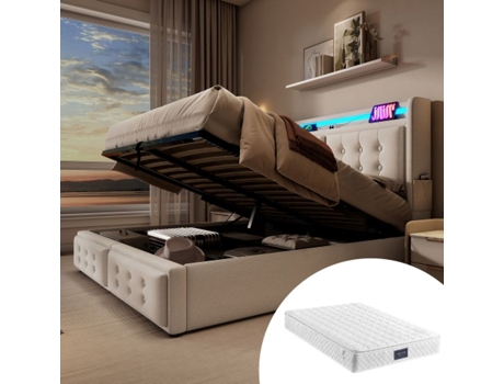 Cama Lit Capitonné 160x200 Com Cabeceira Led E Usb C, Com Estrutura De Ripas De Madeira E Quadro Metálico, Bege (com Colchão)