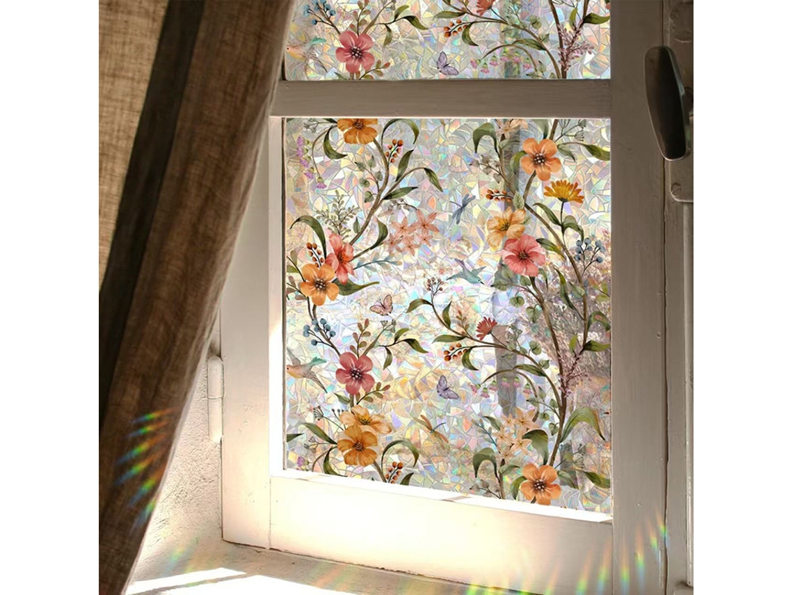 Película estática iridescente para janelas com estampa floral, 90x300cm, película translúcida de isolamento térmico, proteção solar.