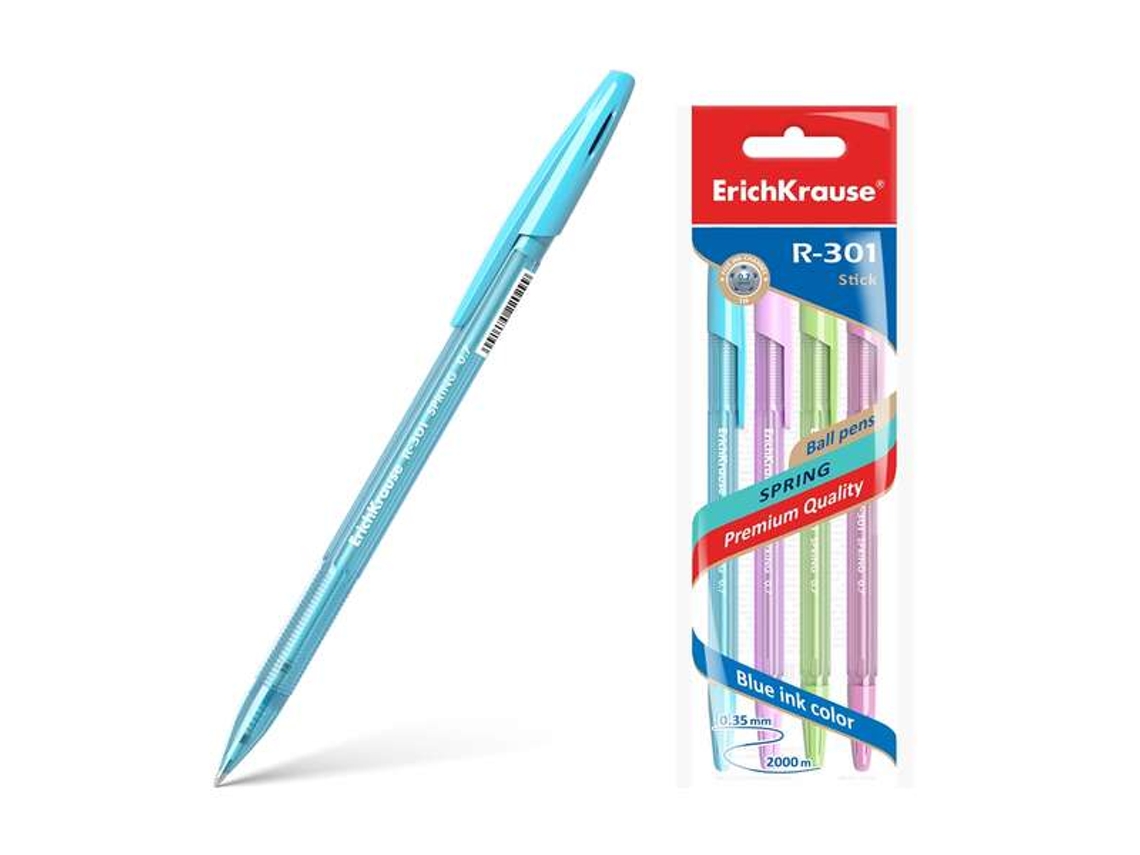 Pacote De 4 Canetas R 301 Spring Stick 0,7 Corpo Hexagonal Translúcido Tinta De Secagem Rápida Cor Azul Erichkrause