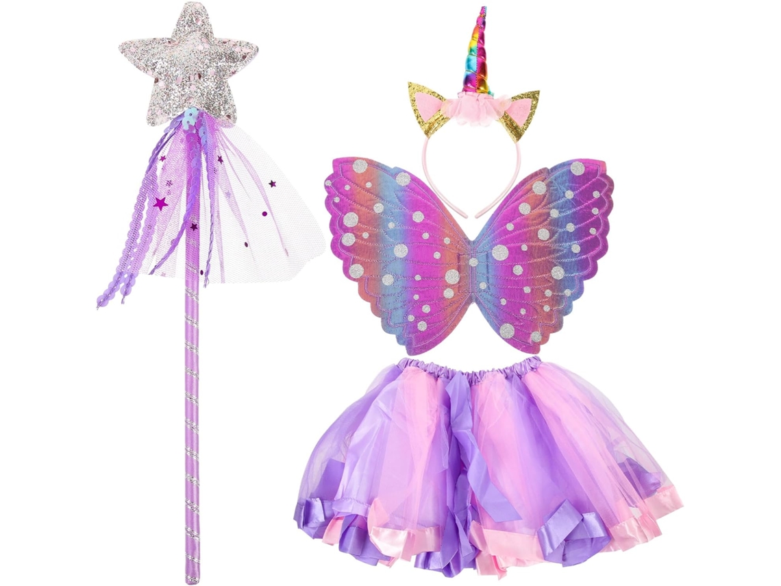Fantasia De Cosplay Infantil Com Saia Tutu, Asas De Fada, Varinha Mágica E Tiara De Unicórnio.