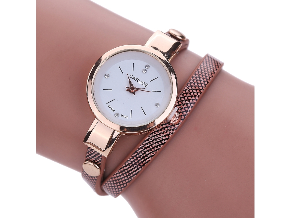 Relógio de Pulso Feminino de Moda com Pulseira de Couro Pu e Cristais Strass Marrom