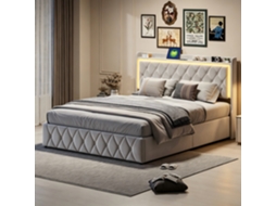 Cama hidráulica de armazenamento 140x190 cm, luz LED, tomada, ripas de madeira, flanela bege | ROSAHQNDA