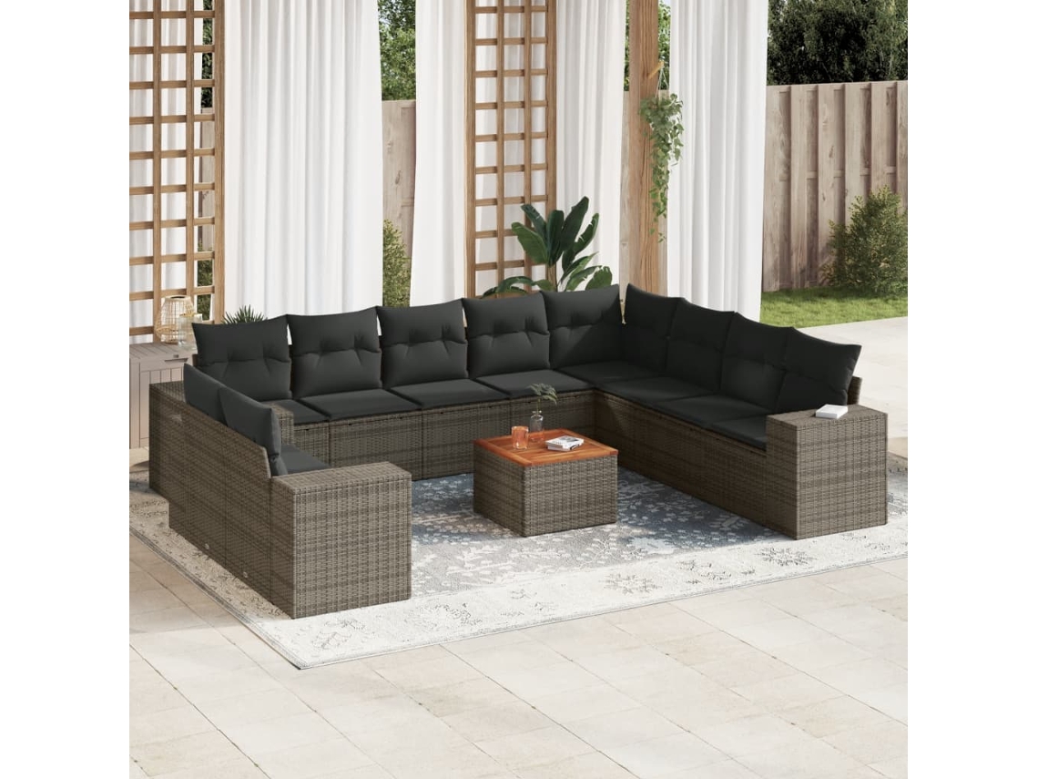 11 Pcs Conjunto Sofás De Jardim C/ Almofadões Vime Pe Cinza Dkd Home Decor