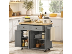 Cinza Cozinha Mesa Auxiliar Com Rodízios, Suporte Têmpera E Barra Lateral - 111x44,5x82,5 Cm