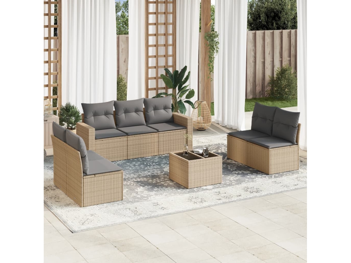 Vidaxl 8 Pcs Conjunto De Sofás P/ Jardim Com Almofadões Vime Pe Bege