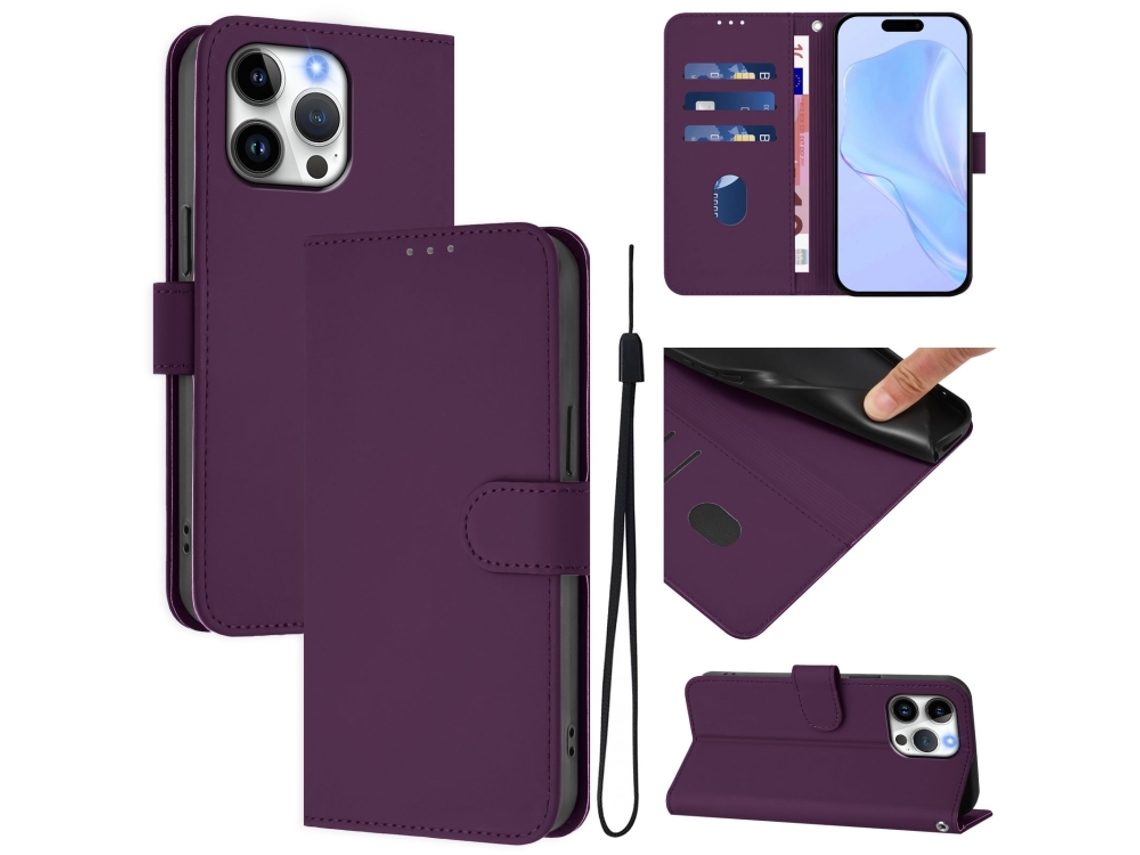 Capa De Couro Sintético Para Iphone 16 Pro Max - Toque Suave - Cor Sólida - Com Cordão