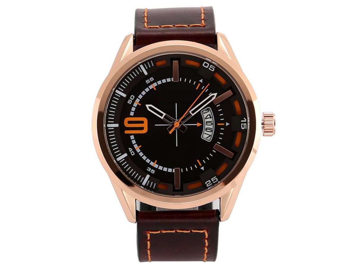 Relógio de pulso masculino com pulseira de couro, mostrador circular com calendário, estilo executivo moderno 01