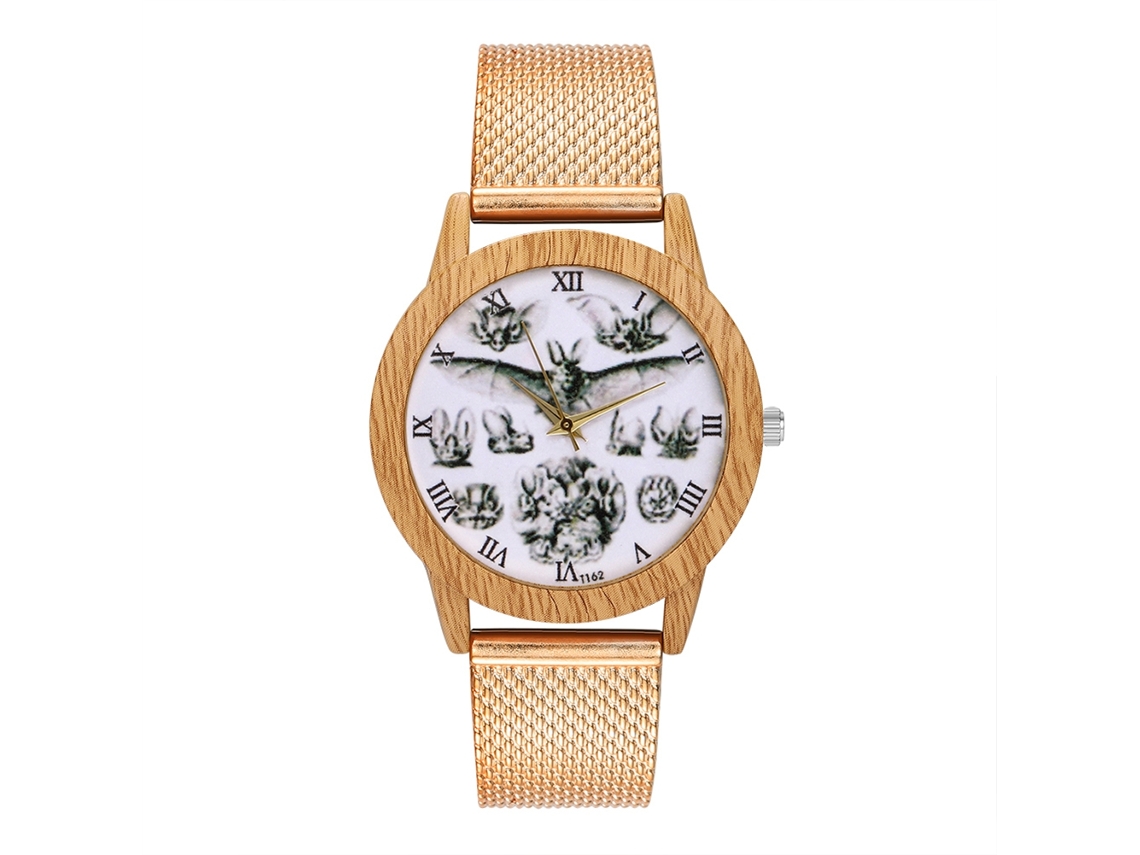 Relógio de pulso unissex com pulseira de malha dourada rosa T162-f